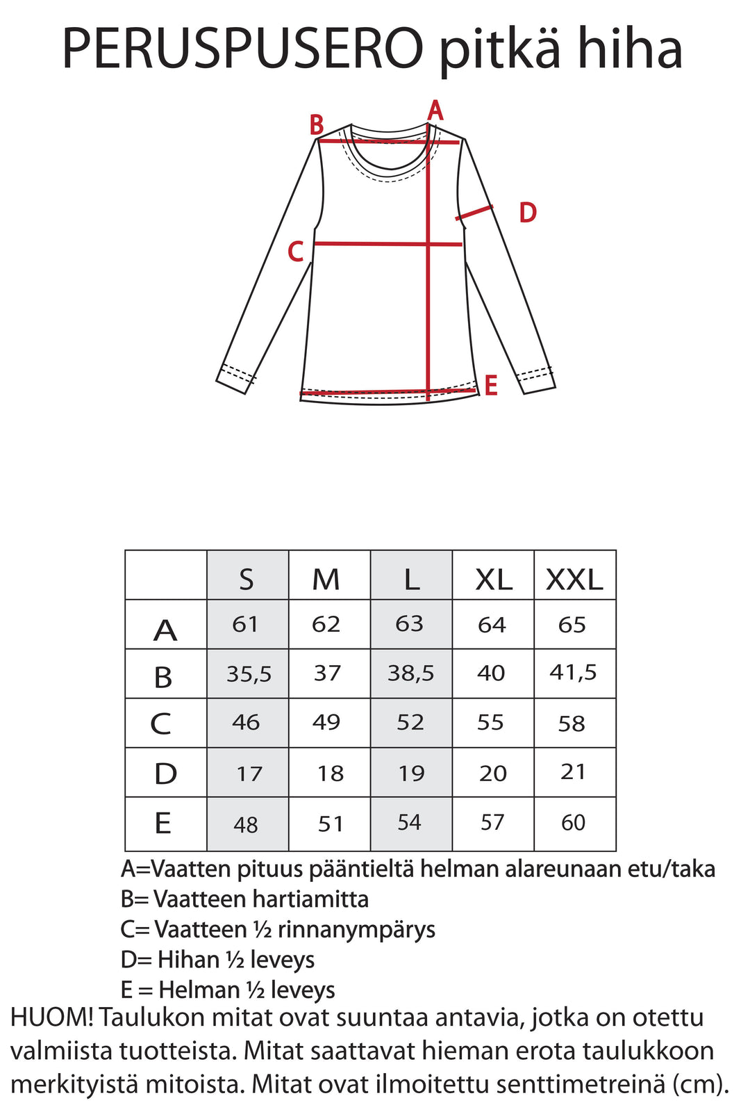 Jannika-pitkähihan mitat.