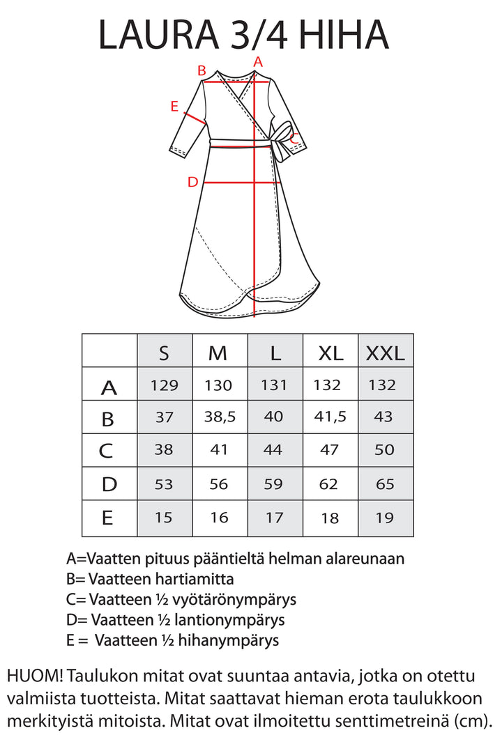 Laura-kietaisumekon mitat.